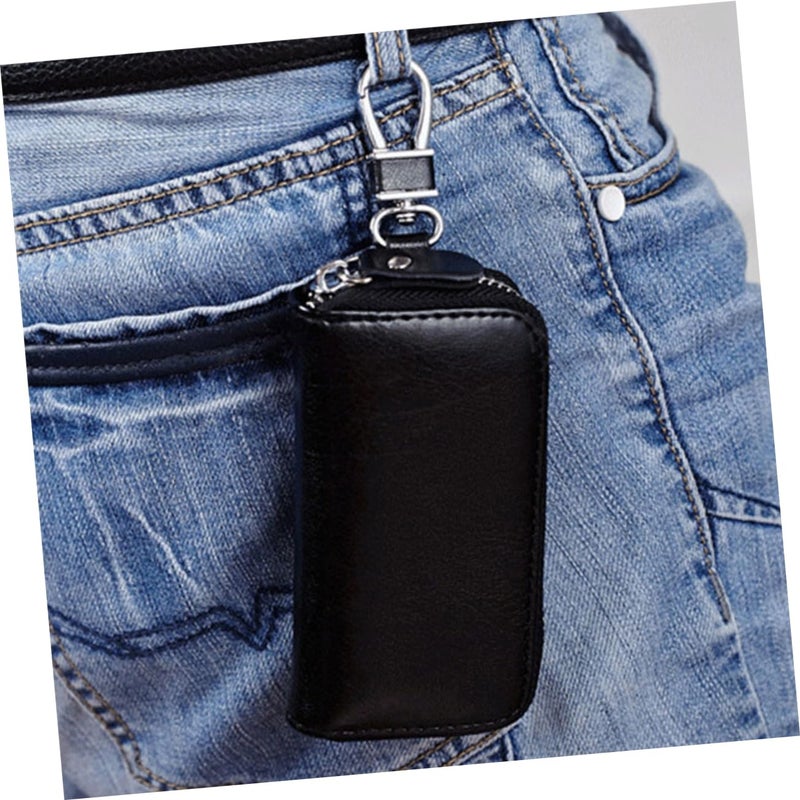 Blue Leather Key Holder Wallet with Zipper for Men Multi Function Coin Pouch - Image 5